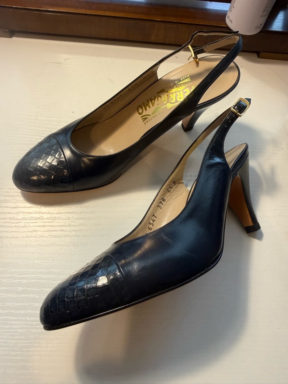 Salvatore Ferragamo Navy Leather Slingback Pumps with Textured Cap Toe